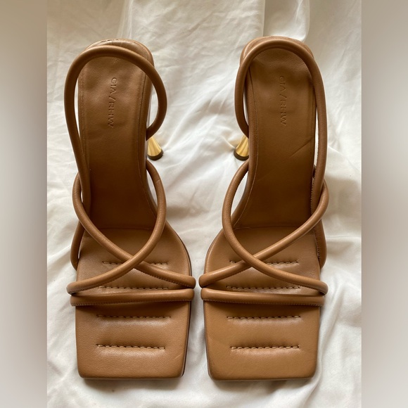 Gia Borghini Shoes - Gia Borghini Tan Strappy Square-Toe Heels with Gold Flared Heel